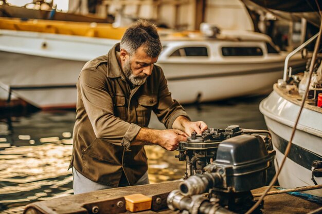 Photo boat mechanic repairing engine at dockyard surrounded by tools and watercraft