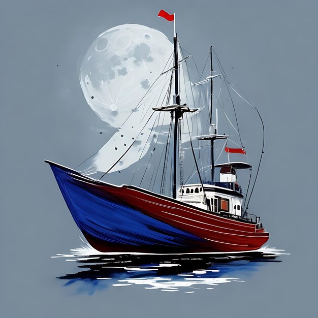 Photo a boat a moon abstract painting art hand drawn by dry brush of paint background