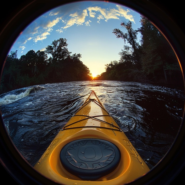 Boat navigating through river rapids under the sunset glow