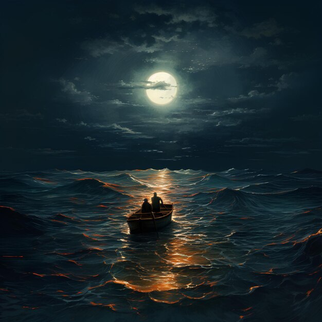 a boat in the ocean with a full moon in the background