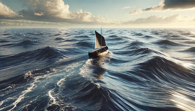 a boat in the ocean with a sail on the front