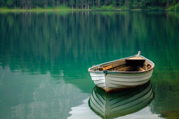 Photo boat in a quiet cove of a green lake