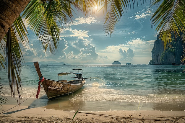 A boat rests on the sandy shore beneath a majestic palm tree