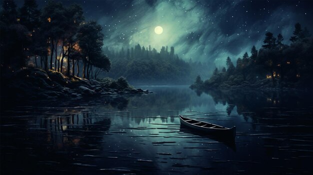 Photo a boat on the river water with a full moon in the background