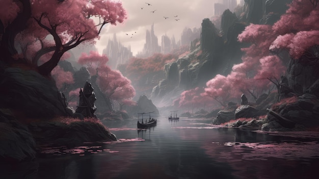 A boat in a river with pink flowers