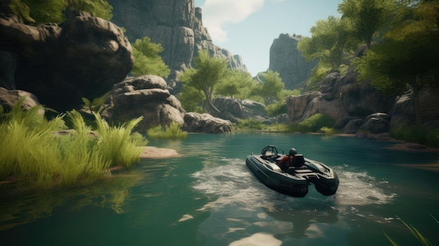 A boat in a river with a rocky cliff in the background