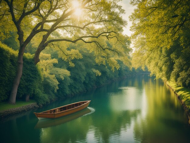 A boat on the river with the sun shining through the trees