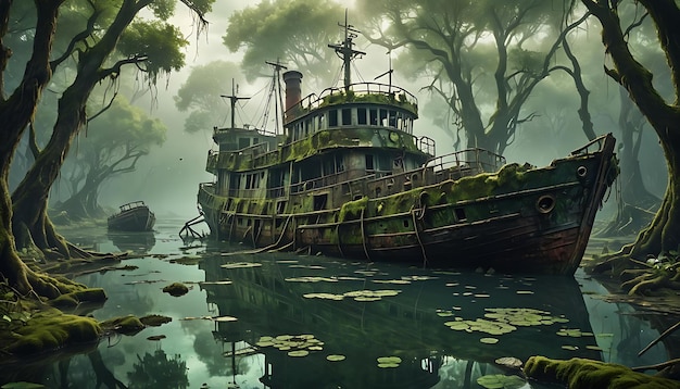 A Boat Sailing Through a Swampy Area