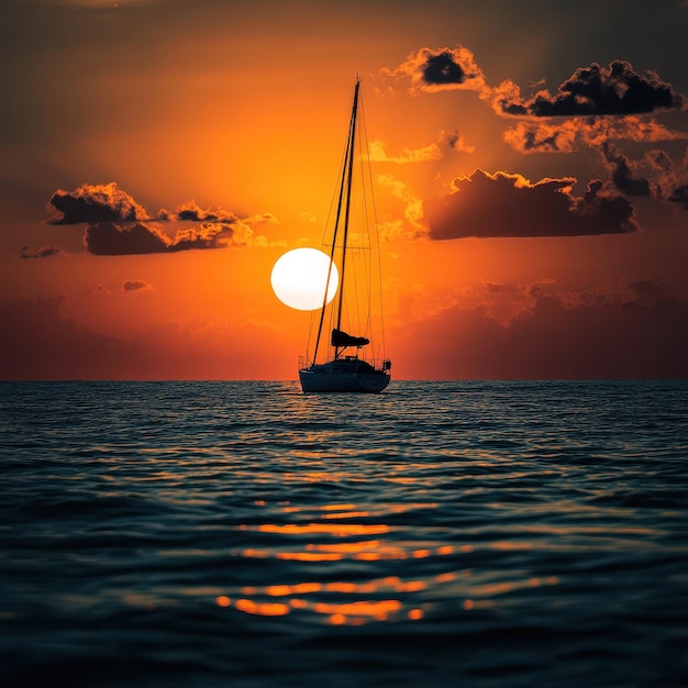 Photo boat sailing towards setting sun