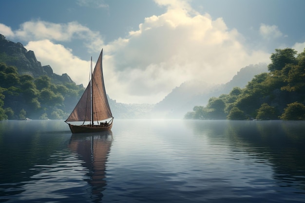 Boat sailing on a tranquil lake the serenity of Generative ai