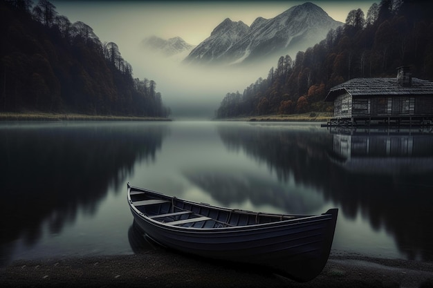 A boat on the shore of a lake with mountains in the background.