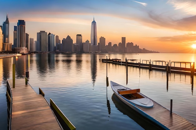 A boat sits on a dock in front of a city skyline.