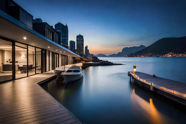 Photo a boat sits on a dock in front of a city skyline.