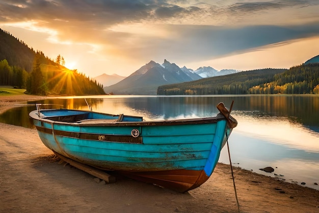 A boat sits on the shore of a lake with mountains in the background.