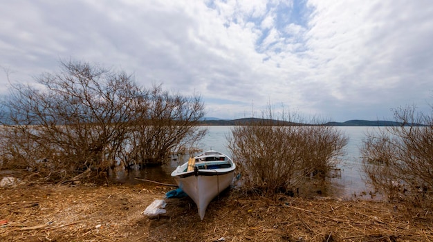 a boat sits on the shore of a lake