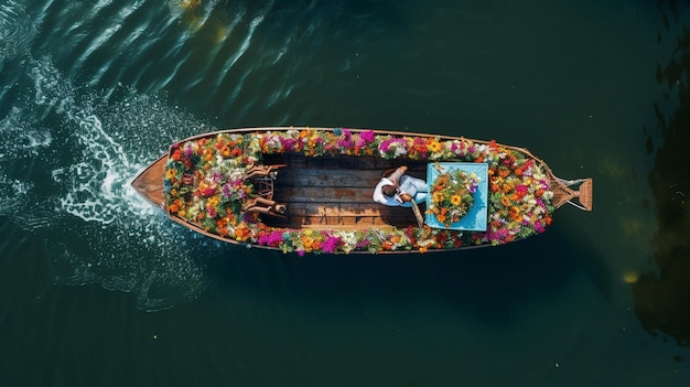 a boat surrounded by lotus s lily pads