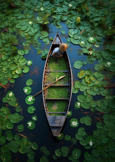 a boat surrounded by lotus s lily pads