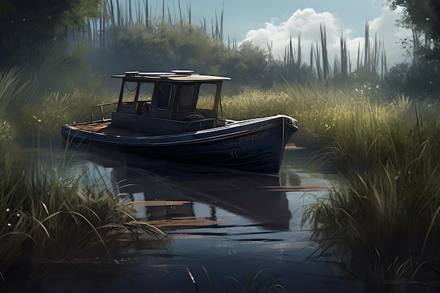 A boat in a swamp with a cloudy sky