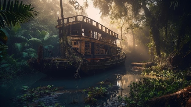 A boat in a swamp with the word jungle on the side.