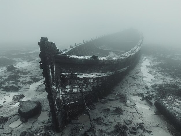 a boat that is on the beach in the fog