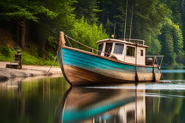 A boat that is blue and white