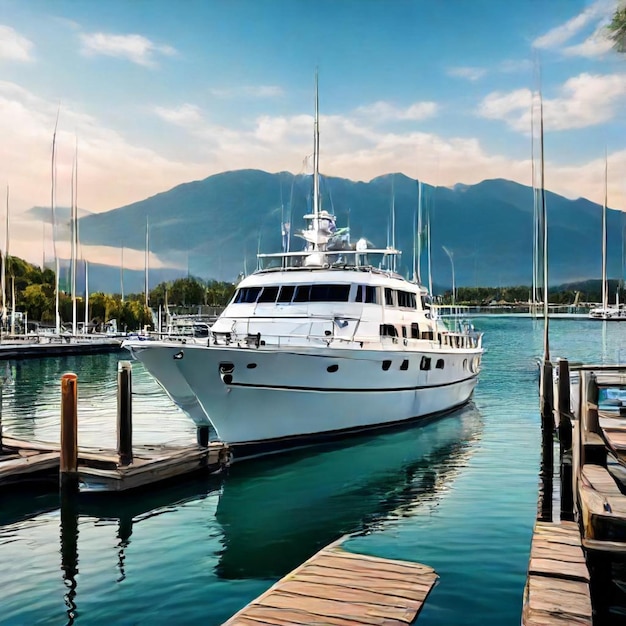 a boat that is docked in a harbor with a dock in the background