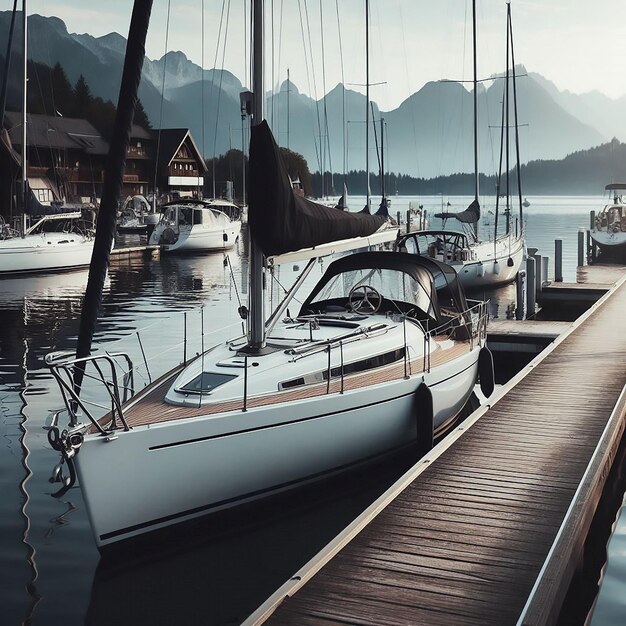 Photo a boat that is docked in a harbor with mountains in the background