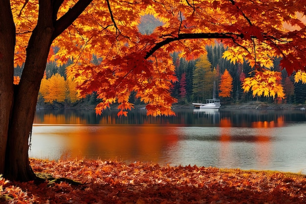 a boat that is sitting in the water under a tree