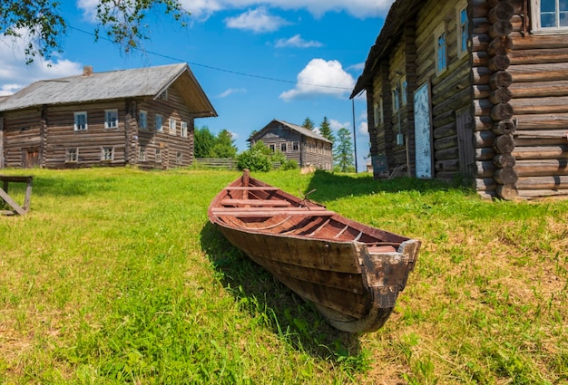 Boat in village of Oshevensky Pogost is located in the Kargopol district of the Arkhangelsk region on the Churega river