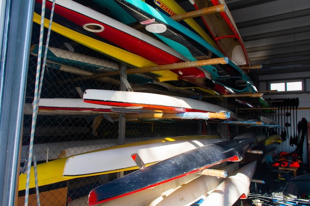 boat warehouse kayaks are on the shelves