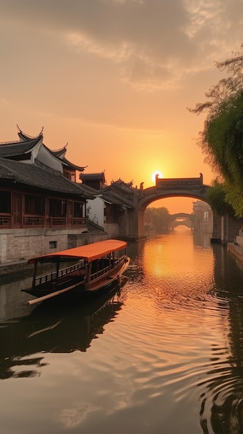 A boat on the water in the sunset