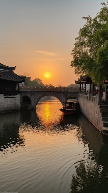 A boat on the water in the sunset