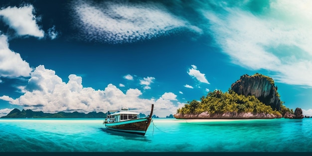 A boat in the water with a blue sky and clouds