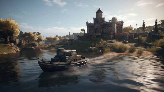 A boat in the water with a castle in the background