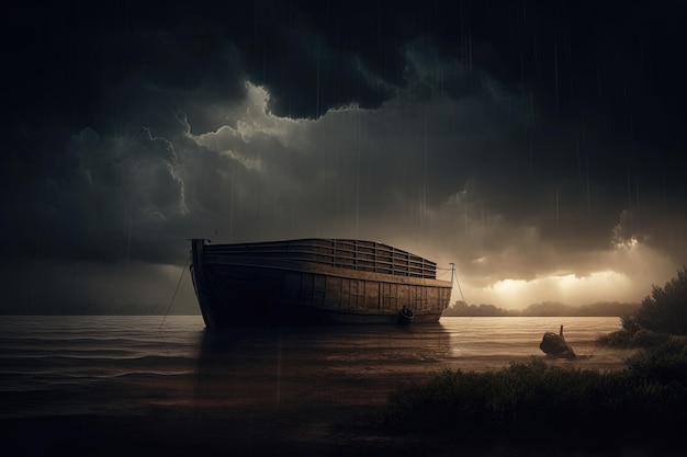 A boat in the water with a dark sky and a dark background.