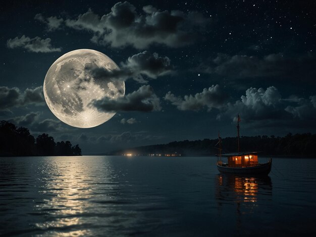 Photo a boat on the water with a full moon in the background