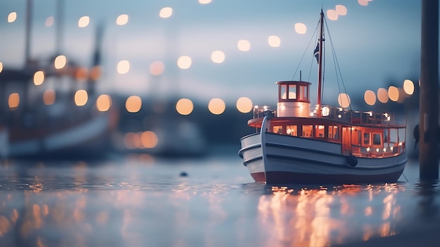 a boat on the water with lights in the background