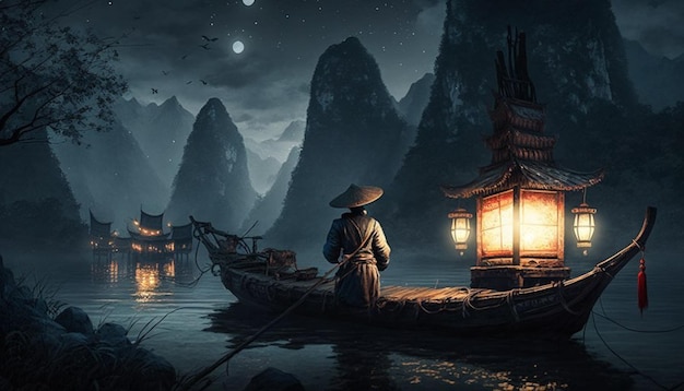 A boat on the water with a man in a hat looking at the moon