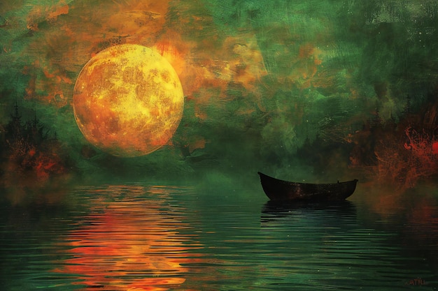 a boat in the water with the moon in the background