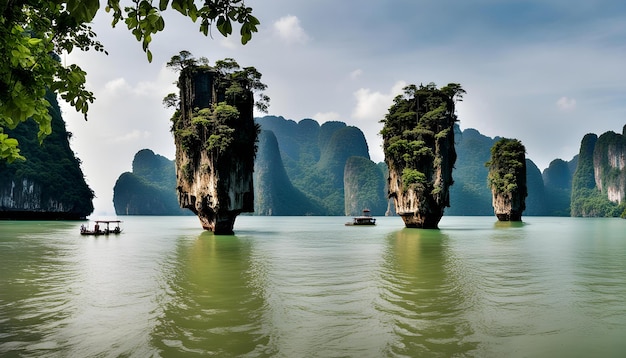 a boat in the water with a mountain in the background