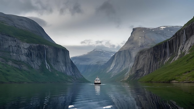 Photo a boat in the water with a mountain in the background