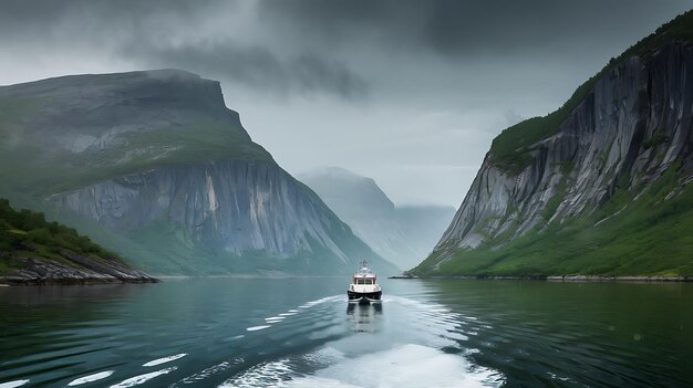 Photo a boat in the water with a mountain in the background