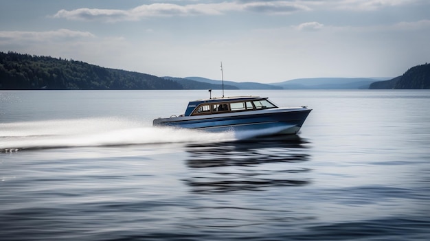 A boat on the water with a mountain in the background