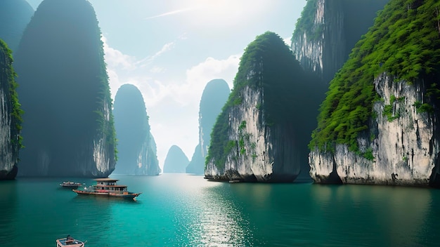 A boat in the water with mountains in the background