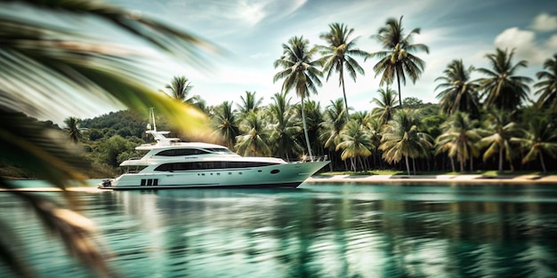 a boat in the water with palm trees in the background