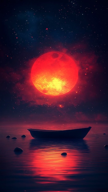 a boat in the water with a red moon in the background