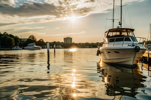 Photo a boat in the water with the sun behind it