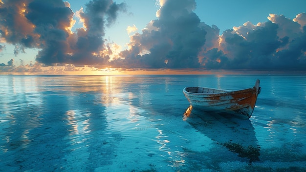 a boat in the water with the sun setting behind it