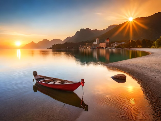 A boat on the water with the sun setting behind it