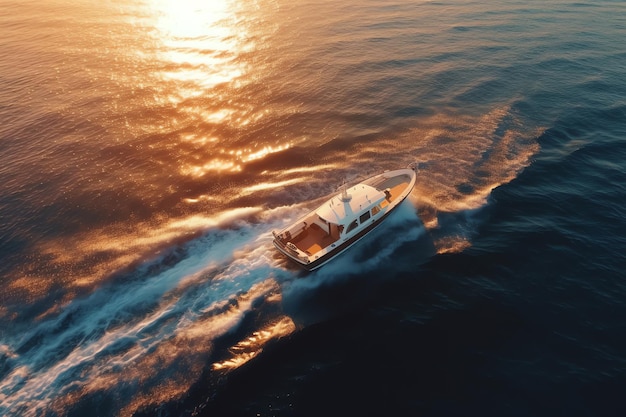 A boat on the water with the sun setting